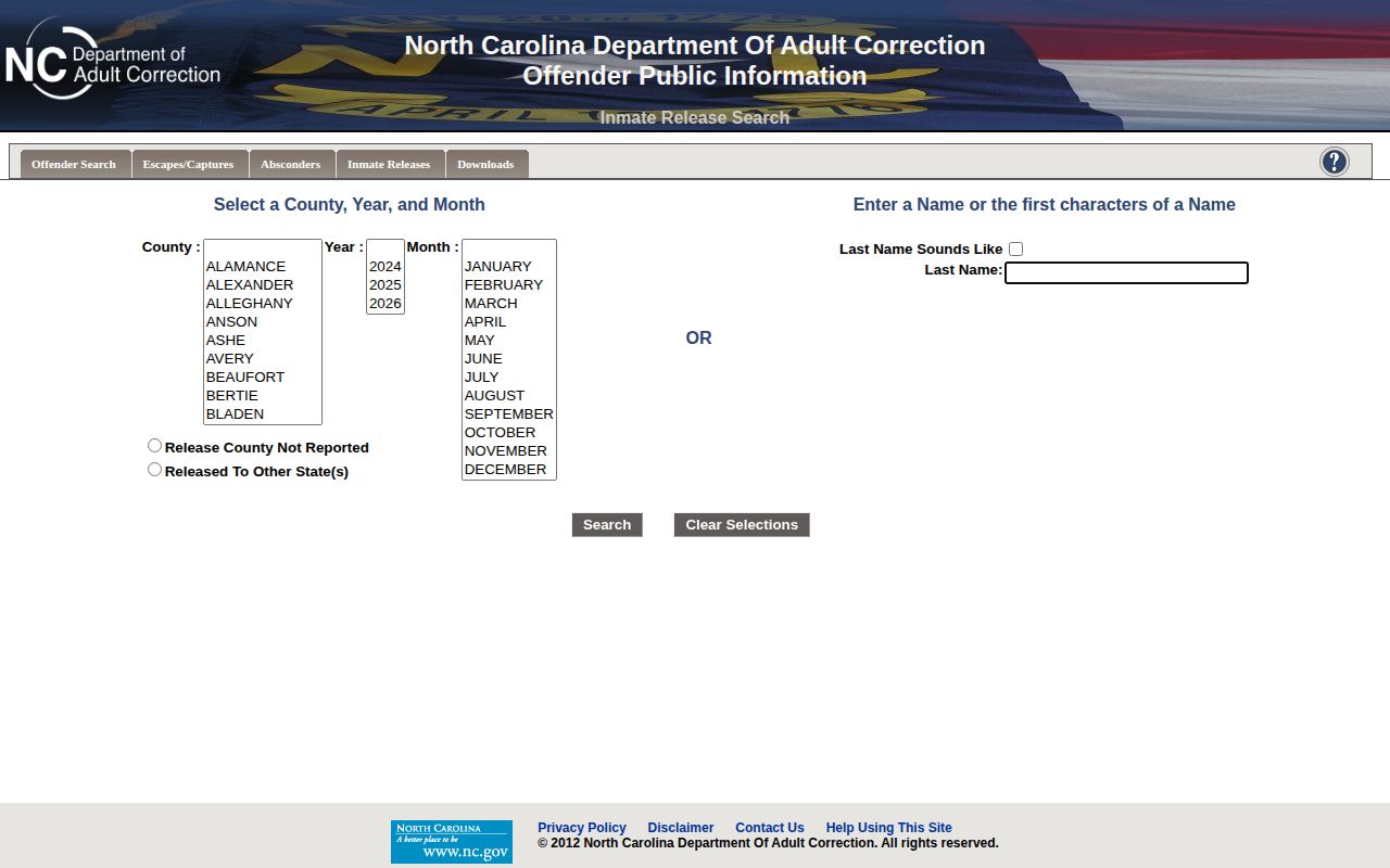 Sampson Correctional Institution NCDAC release county and month search