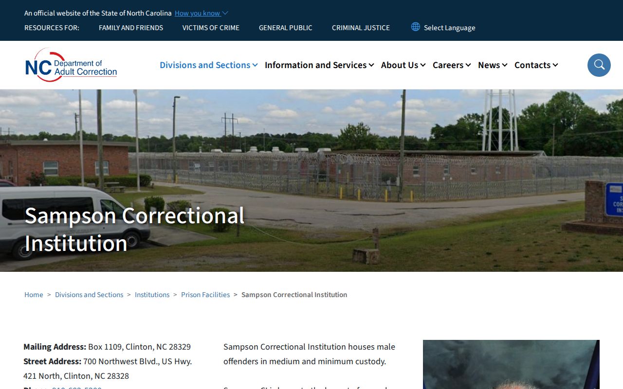Sampson Correctional Institution facility and release information